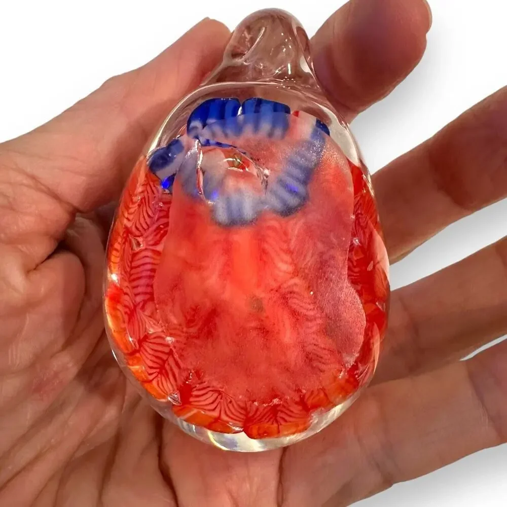 Art Glass Rabbit Paperweight Bunny Hand Blown Millefiori Clear Red White Blue